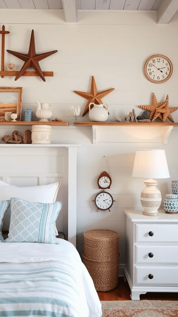 A cozy bedroom featuring a beach-themed decor with starfish, shells, and a light color palette.