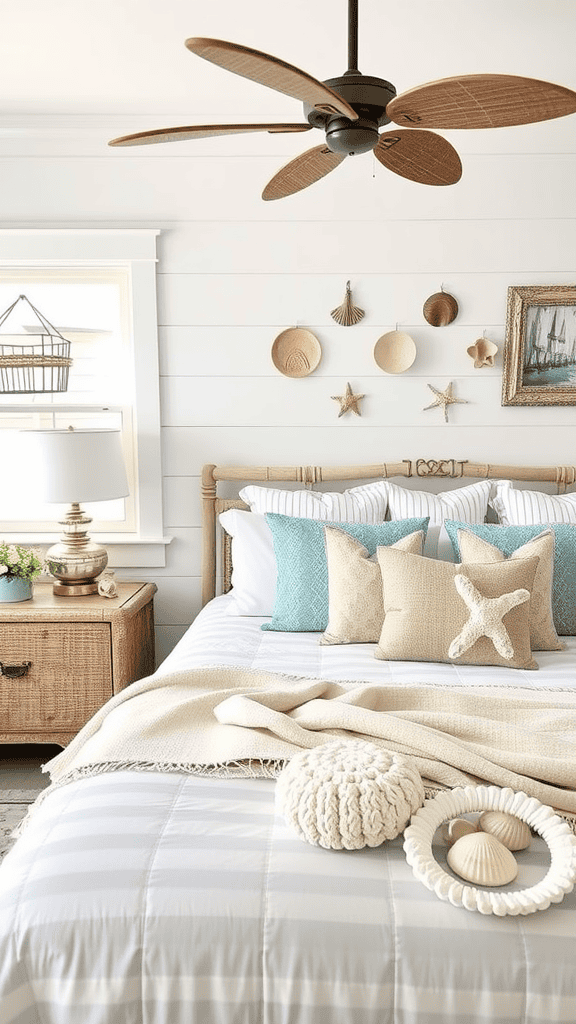 Cozy beach-themed bedroom with textured pillows and wall decor