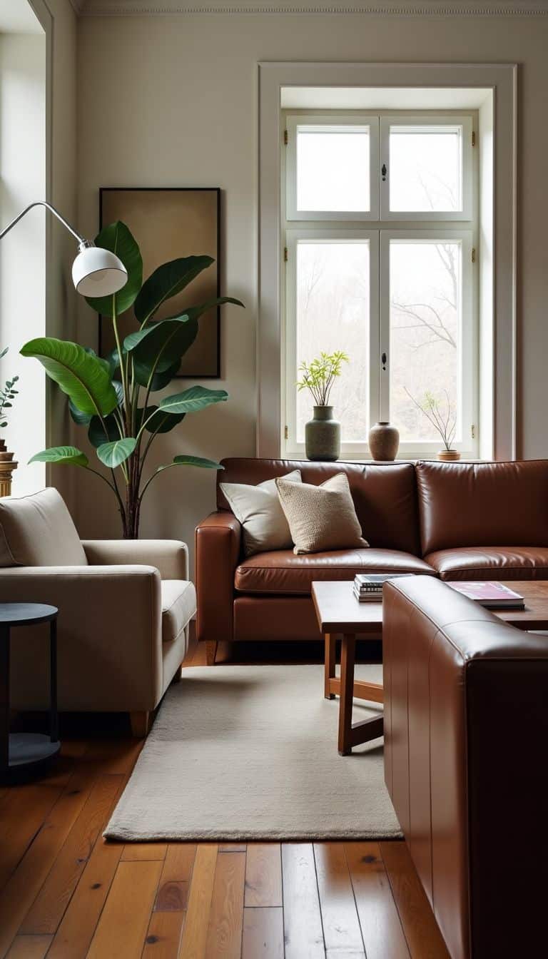 A cozy living room with modern and vintage furniture in neutral tones.