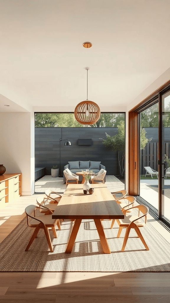 A modern dining area with a large wooden table and chairs, featuring a sliding glass door that opens to an outdoor seating area.