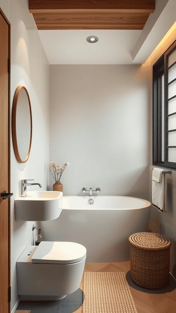 A modern bathroom showcasing a blend of Japanese and Scandinavian design elements.