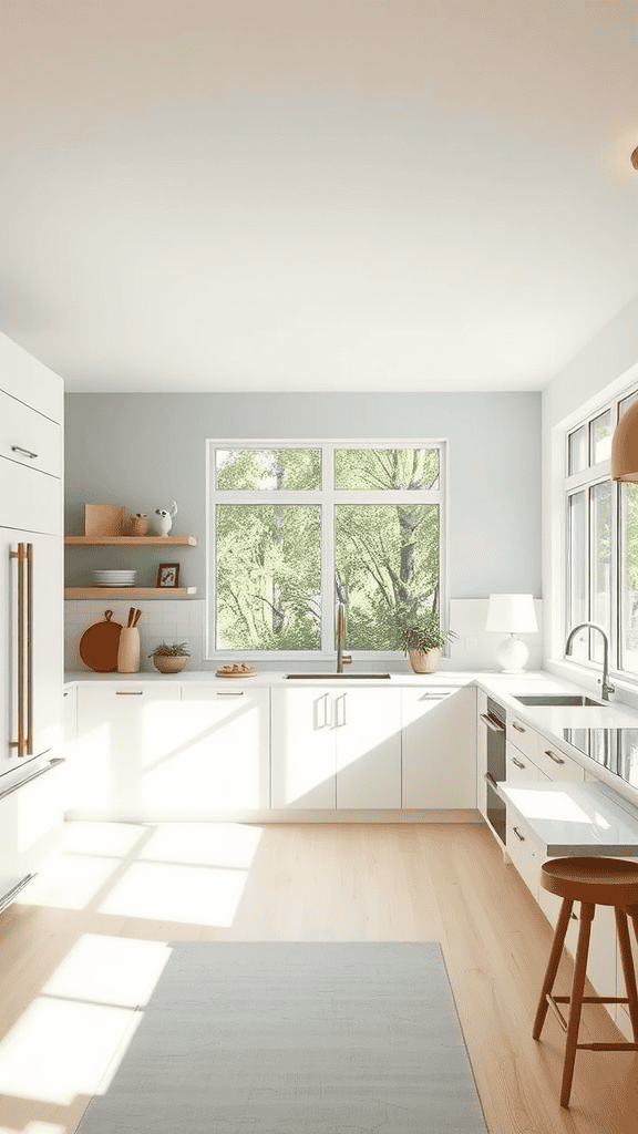 Modern kitchen with large windows and light colors, creating a bright atmosphere.