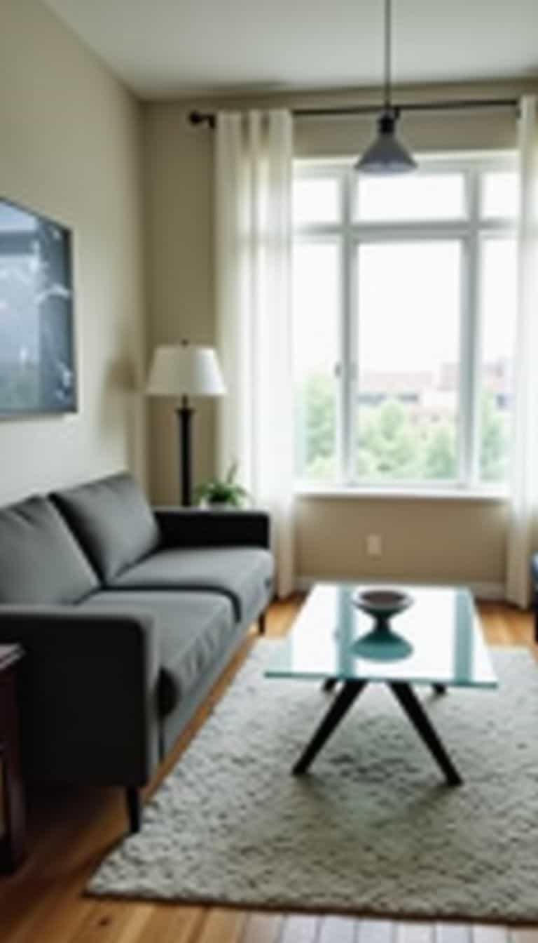 Minimalist modern living room with sleek furniture and tranquil ambiance.