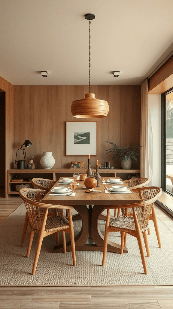 A cozy dining area featuring a wooden table and woven chairs, surrounded by warm wood-paneled walls and natural light.