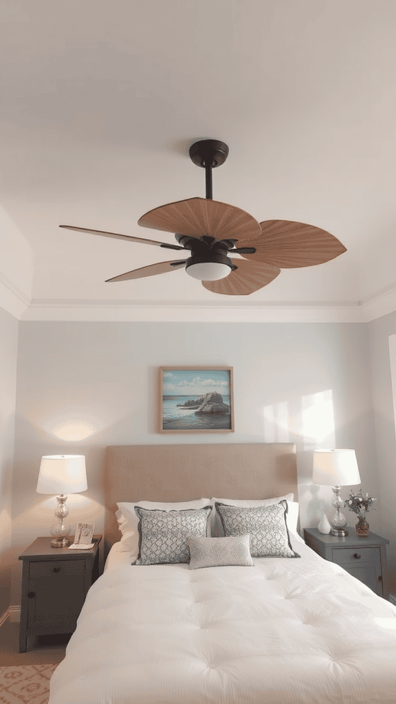 A stylish coastal-inspired ceiling fan in a cozy bedroom setting.