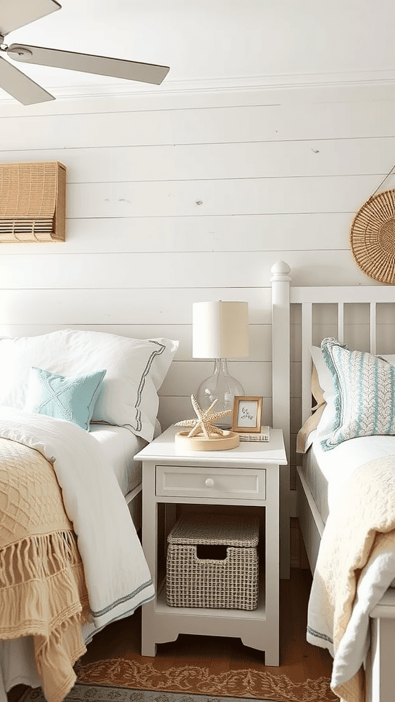 Coastal-themed bedside table with light colors and natural decor.