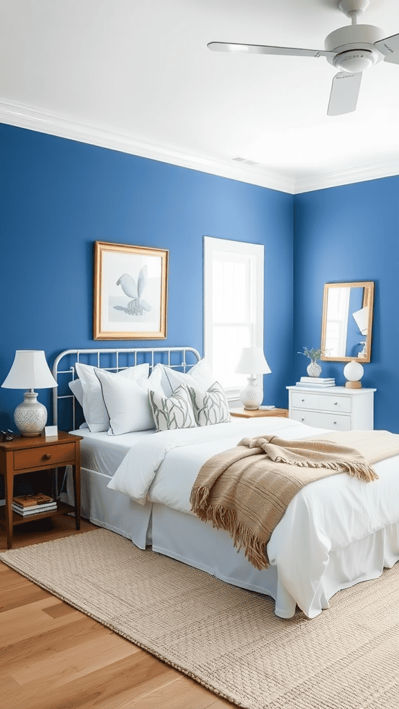 A bedroom featuring a coastal blue accent wall with white bedding and wooden furniture.