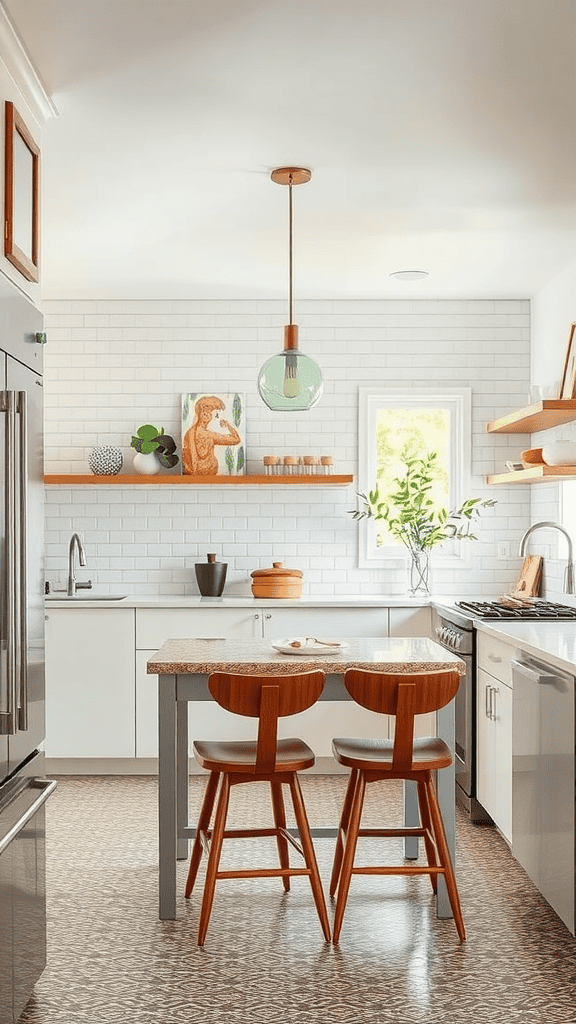 A modern kitchen with a stylish design, featuring wooden stools, a green pendant light, and decorative elements.