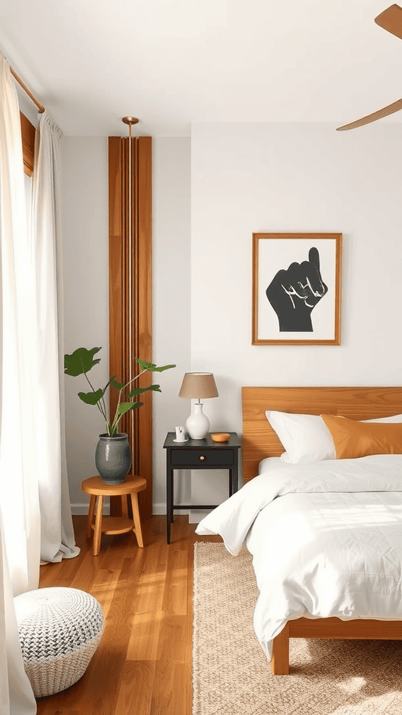 A cozy bedroom featuring a wooden bed, black side table, and potted plant.