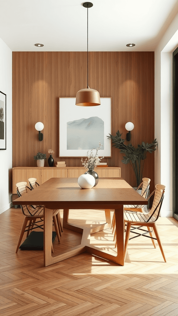 A cozy dining area featuring a blend of Japanese and Scandinavian furniture styles.