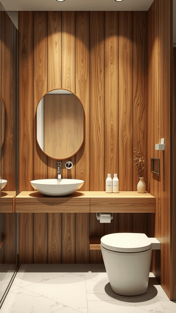 A modern bathroom showcasing warm wood paneling, a white sink, and sleek fixtures, creating a stylish and cozy atmosphere.