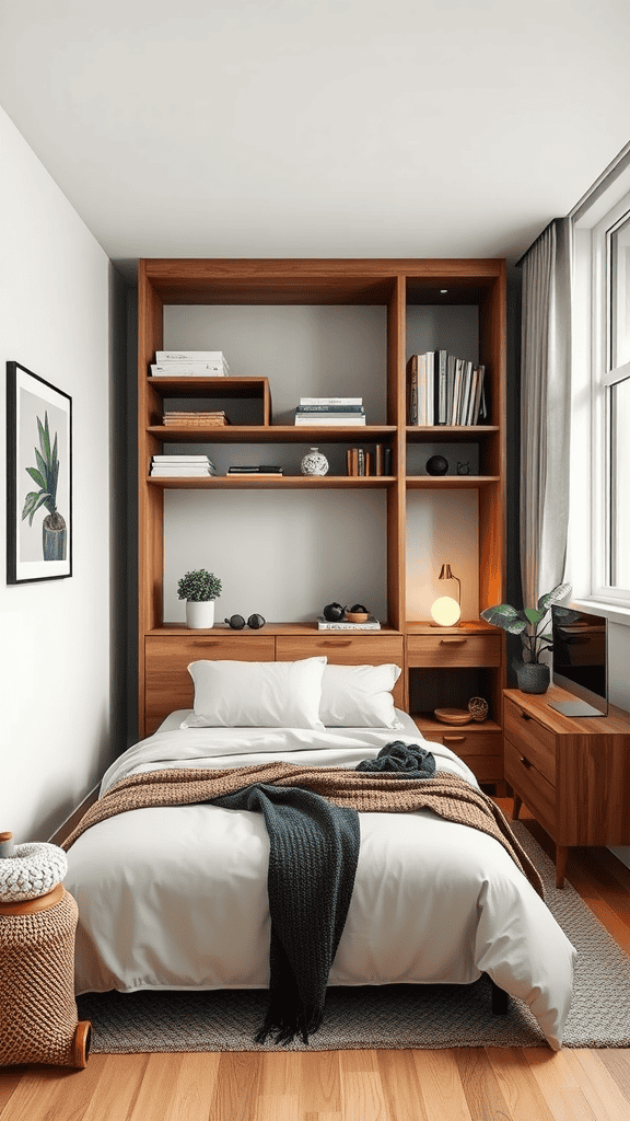 A compact bedroom with a bed, wooden shelving, and warm decor