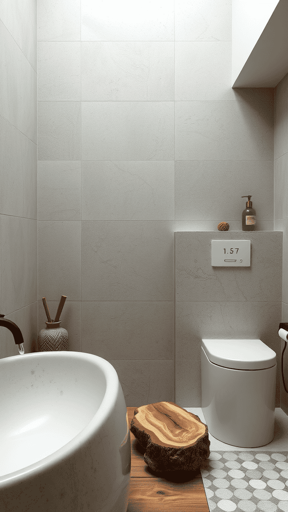 A modern bathroom featuring a white tub, wooden stool, and textured tiles.