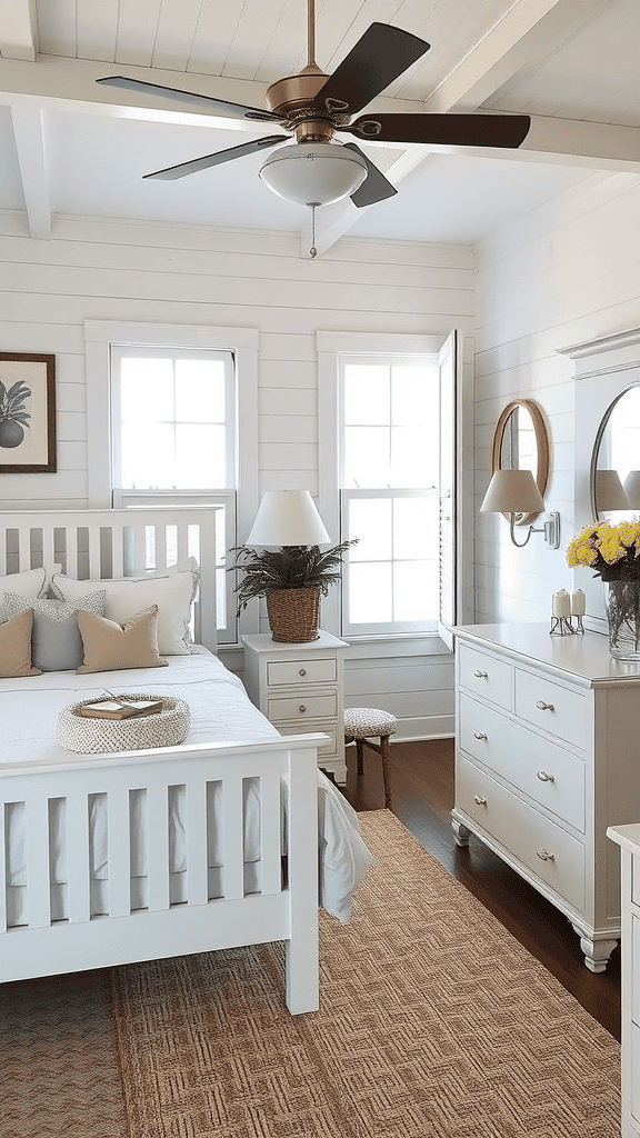 A cozy bedroom showcasing cottage-style furniture with a white bed, wooden dresser, and soft decor.