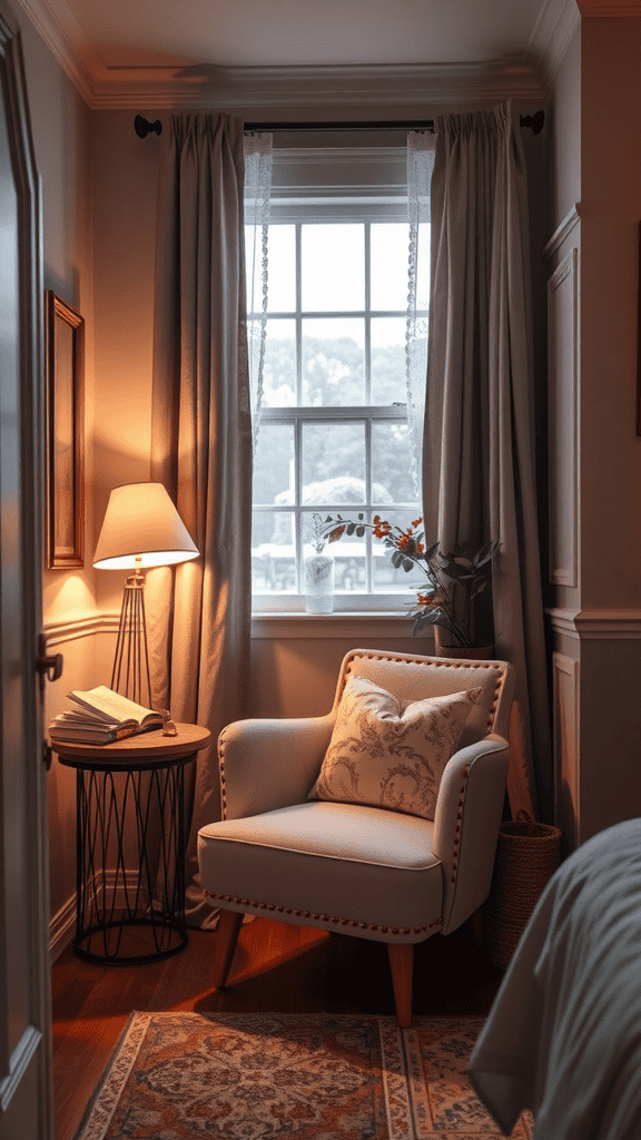 Cozy reading nook with a chair, lamp, and a small table by the window.