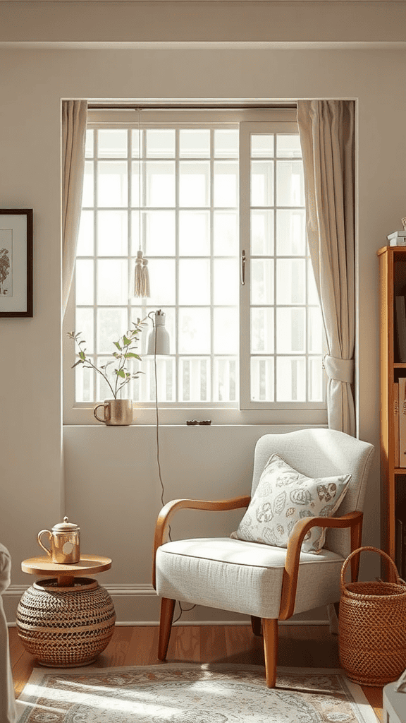 A cozy reading nook featuring a comfortable chair, side table with a teapot, and a window with light curtains.