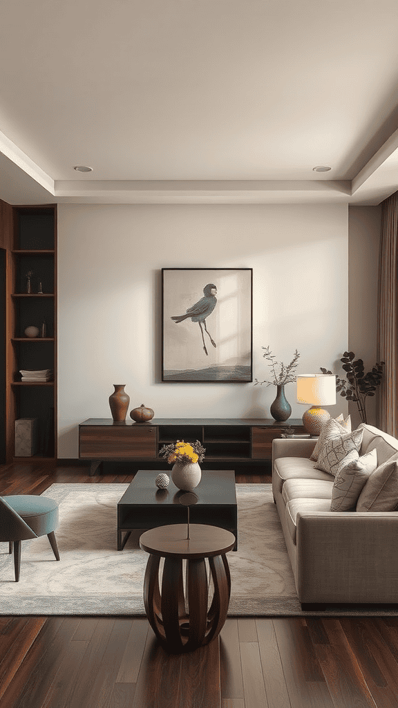 A serene living room with a mix of soft and dark colors, featuring a bird painting and plants.