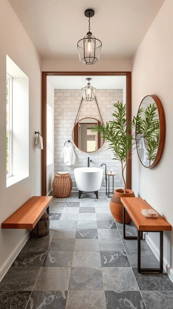 A stylish entryway to a bathroom featuring wooden benches, stylish lighting, and greenery.