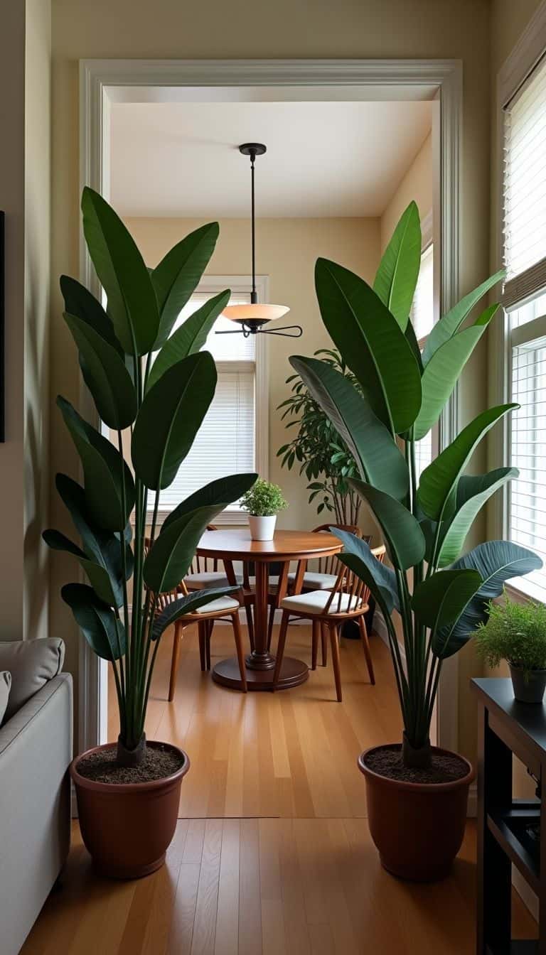 A cozy living room with a dining area and tall plants.