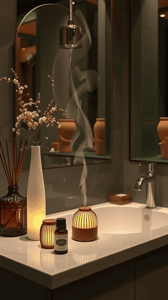 A beautifully arranged bathroom with essential oil diffuser, bottles, and decorative elements