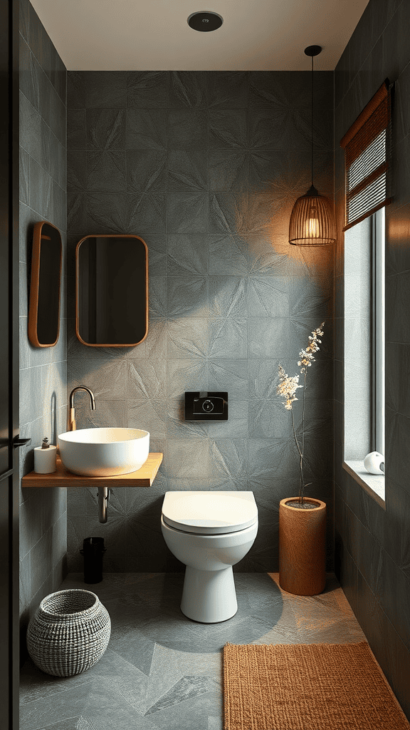 A small modern bathroom featuring a round sink, wooden shelf, minimalistic decor, and natural lighting.