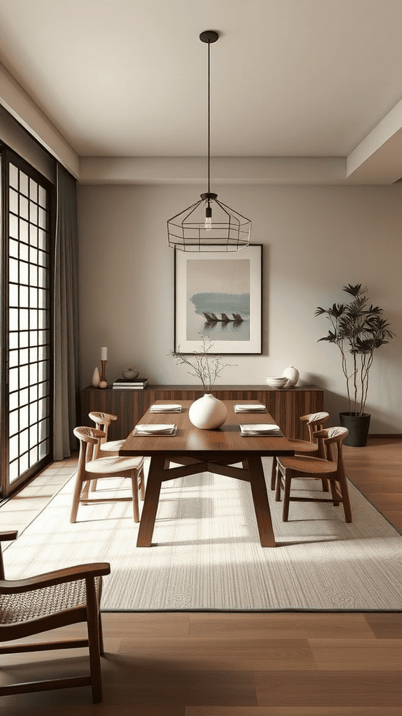 A minimal dining area with wooden furniture, soft lighting, and natural decor.