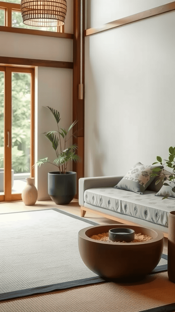 A serene living space with natural light, plants, and simple decor.