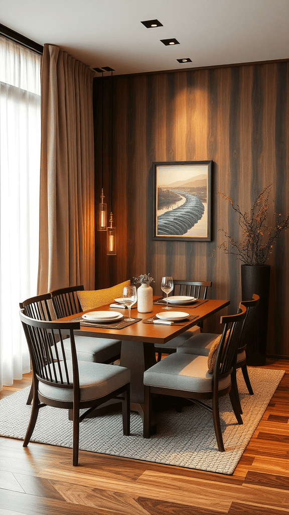 A cozy dining nook with a wooden table, comfortable chairs, and warm lighting.