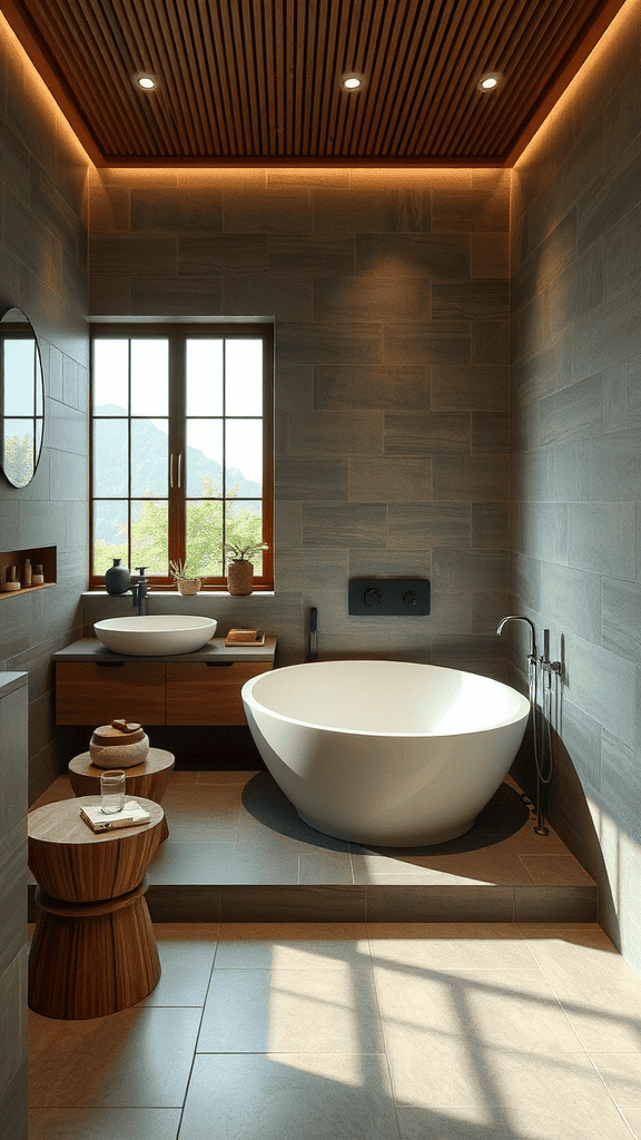 A serene bathroom featuring a freestanding tub, a modern sink, and natural light.