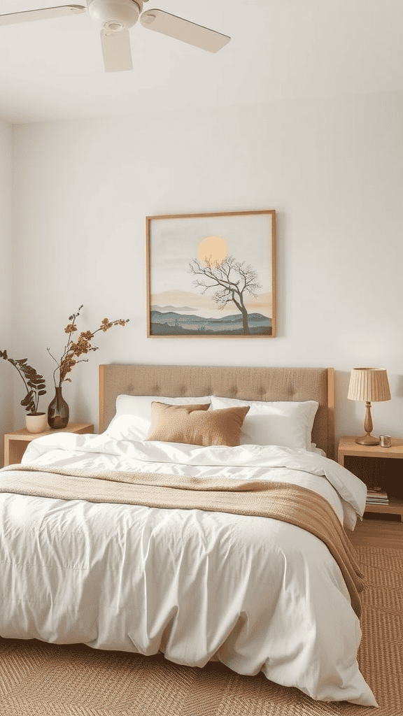 A cozy bedroom featuring a bed with white bedding, a warm blanket, and a landscape painting on the wall.