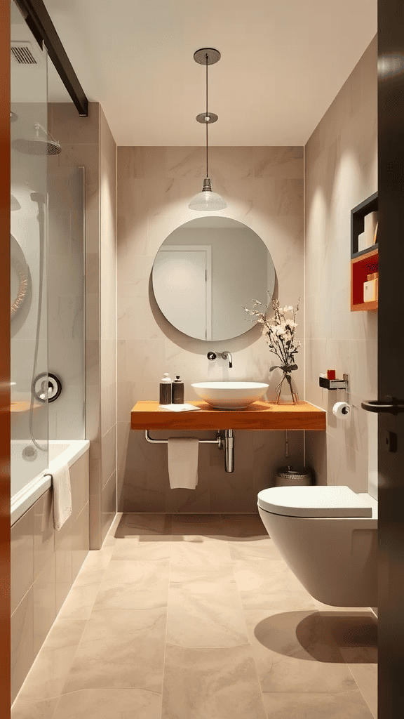 A modern, stylish bathroom with a bright wooden sink and clear layout.