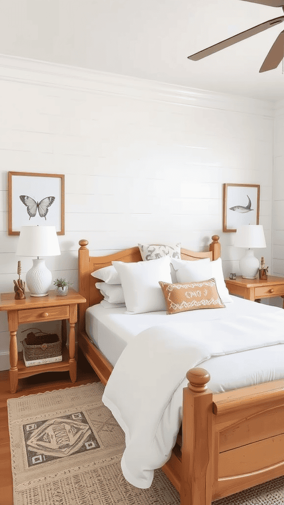 A cozy bedroom featuring wooden furniture, butterfly and fish wall art, and a textured rug.