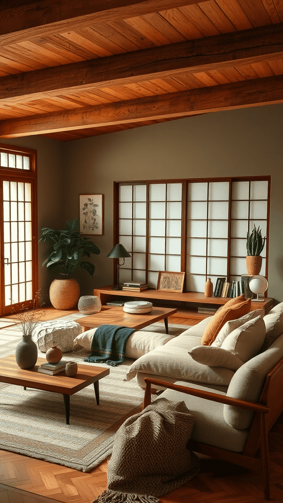 A cozy living room featuring earthy tones and natural materials.