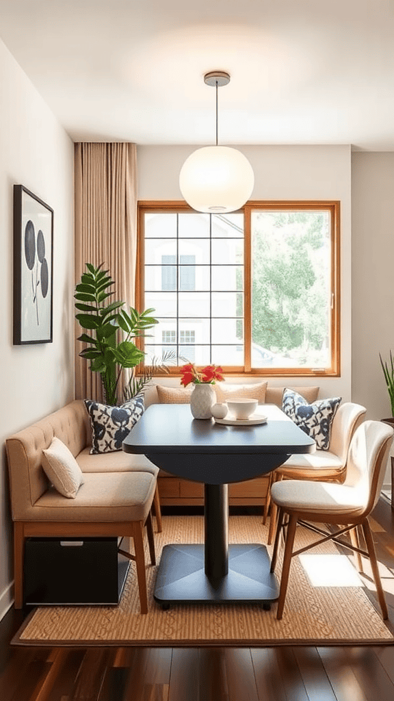 A cozy small dining area featuring a round table, built-in seating, and large windows.