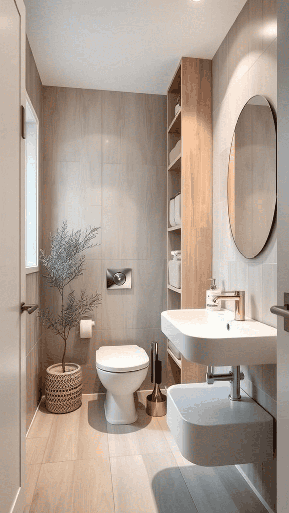 Modern bathroom with storage shelves, a white sink, and a decorative plant.