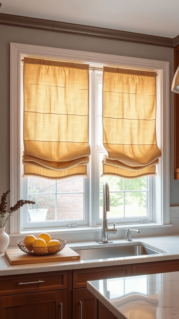 Kitchen window with soft, light-colored shades providing privacy and style.