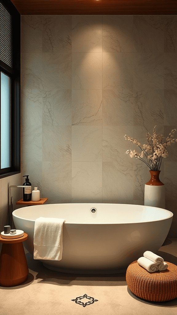 A serene bathroom featuring a modern freestanding tub, soft towels, and decorative elements like flowers and candles.