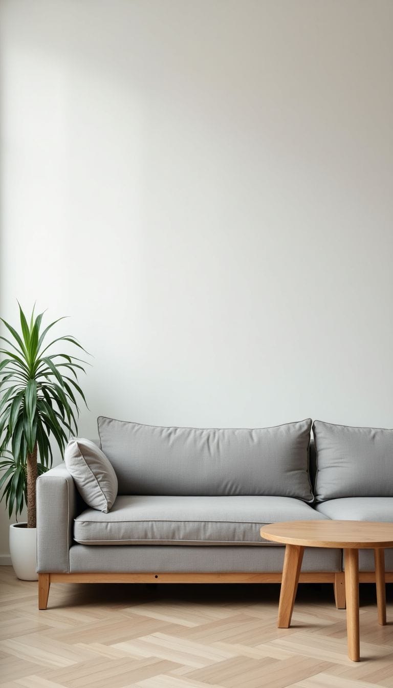 A modern minimalist living room with gray couch and wooden coffee table.