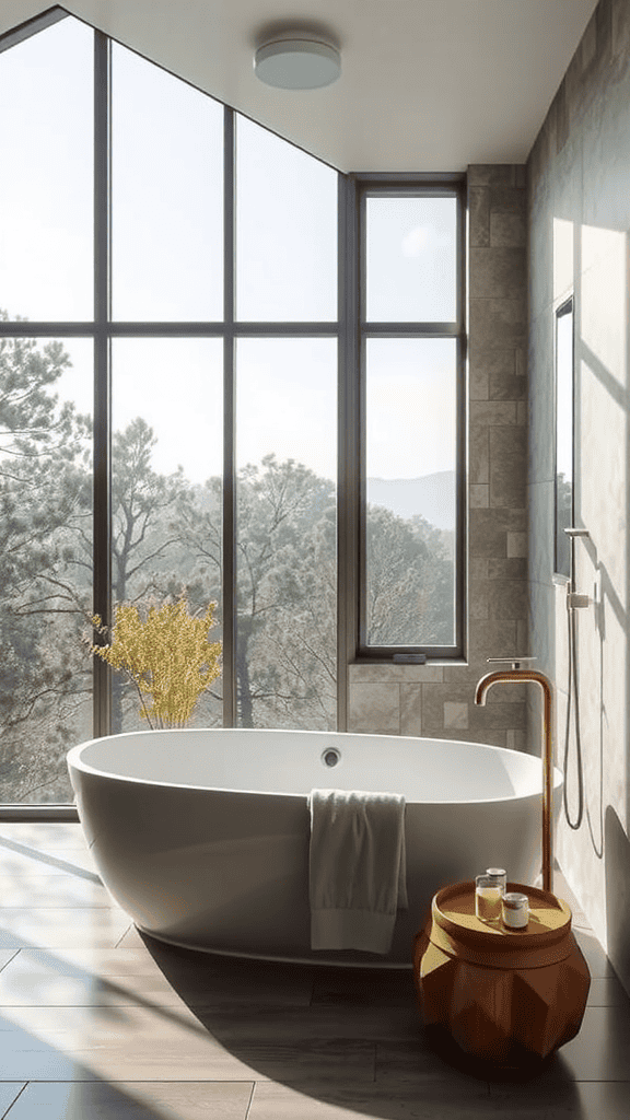 A bright bathroom with large windows, a freestanding tub, and a wooden accent table.