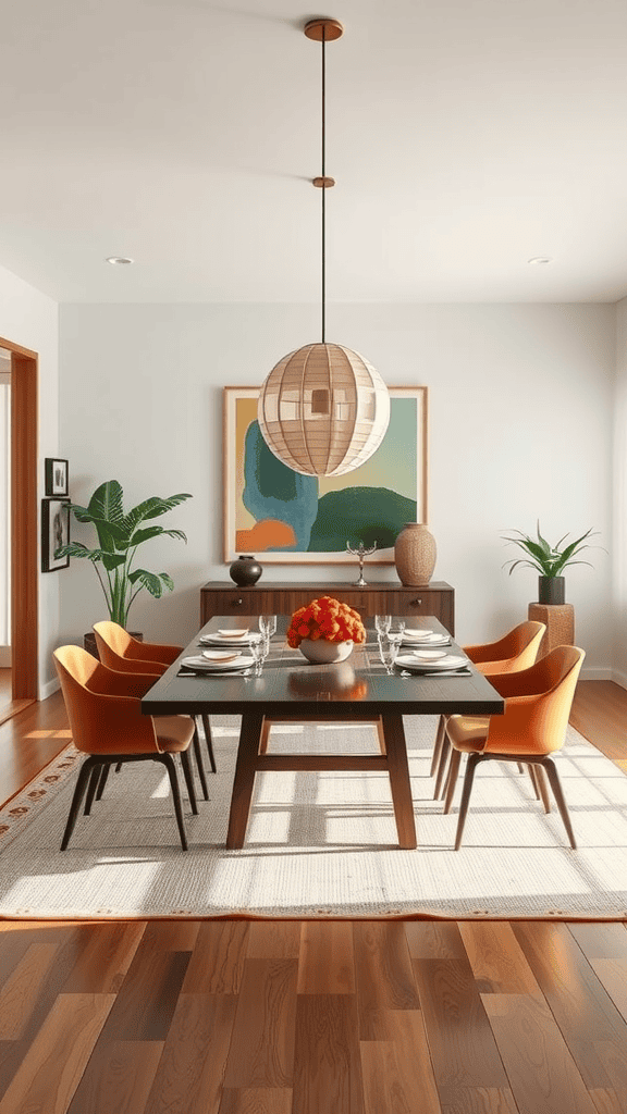 A modern dining room featuring a rectangular table with orange chairs, a pendant light, and decorative elements.