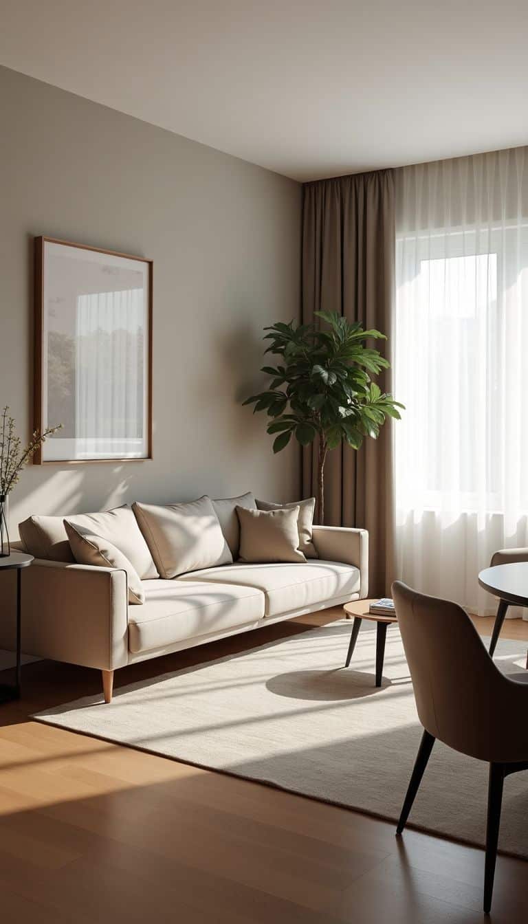 An elegant, modern living room with clear zones and inviting atmosphere.