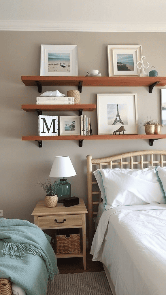 A cozy bedroom with floating shelves displaying framed pictures, books, and decorative items.