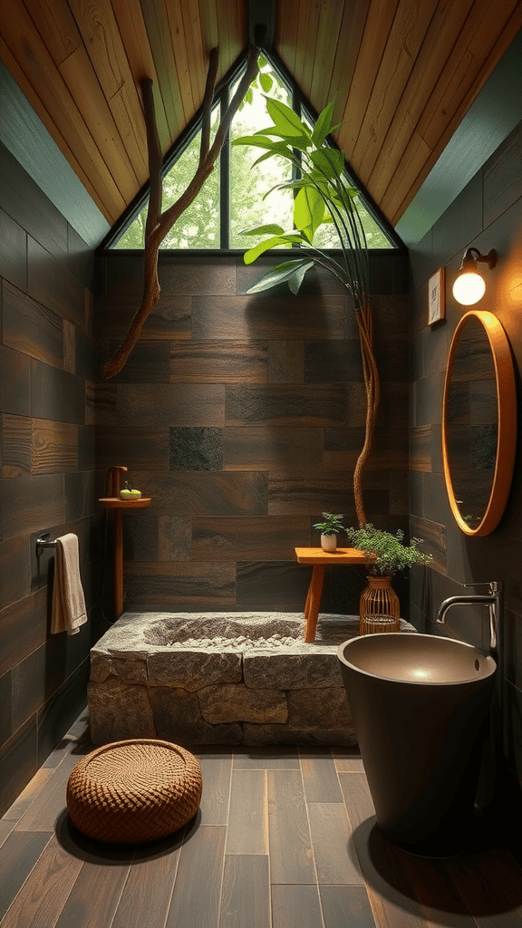 A serene bathroom design featuring natural elements like stone, wood, and plants.