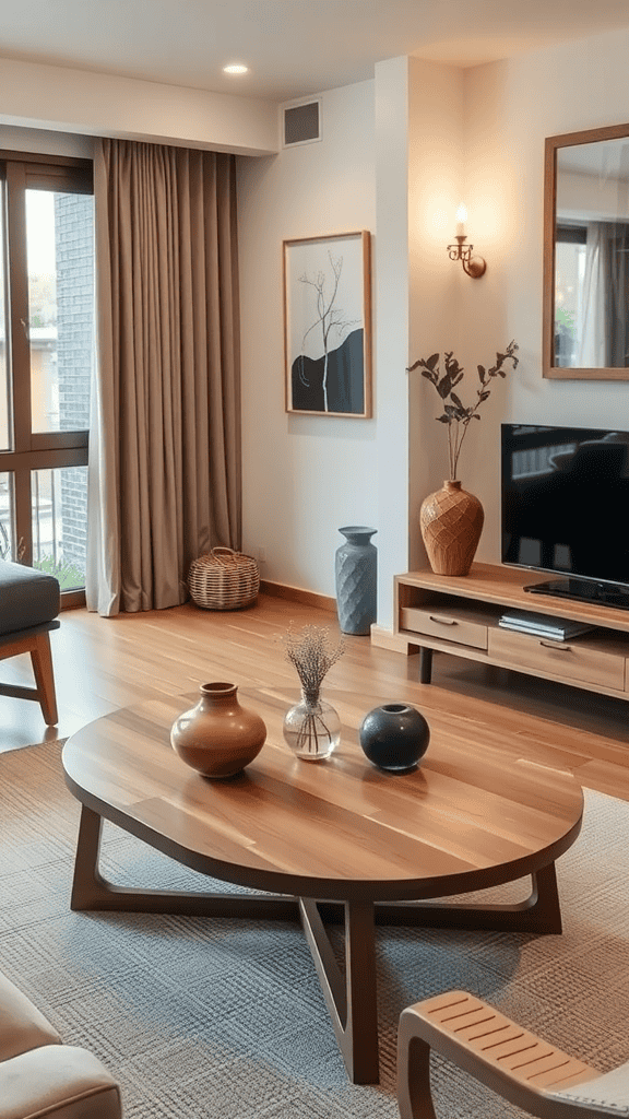 Stylish wooden coffee table with decorative vases in a modern living room setting.