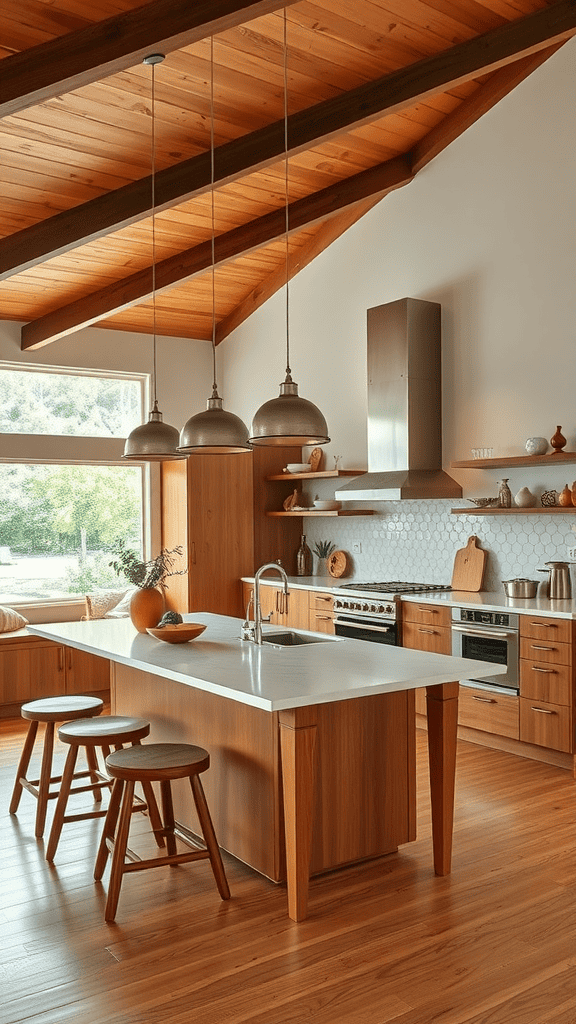 A modern kitchen featuring a wooden island with seating and stylish pendant lights.