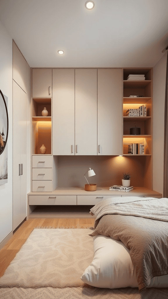 A minimalist bedroom with functional storage solutions including cabinets and shelves.