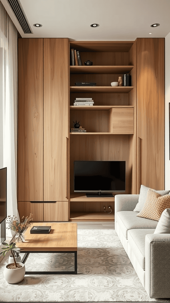 Living room with stylish wooden storage unit and modern furniture.