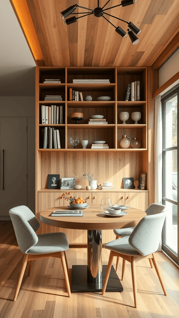 A cozy dining area featuring a round table, stylish chairs, and a wooden shelving unit filled with books and decorative items.