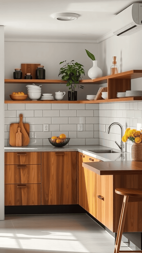 A stylish kitchen with wooden cabinets, open shelves, and decorative items.