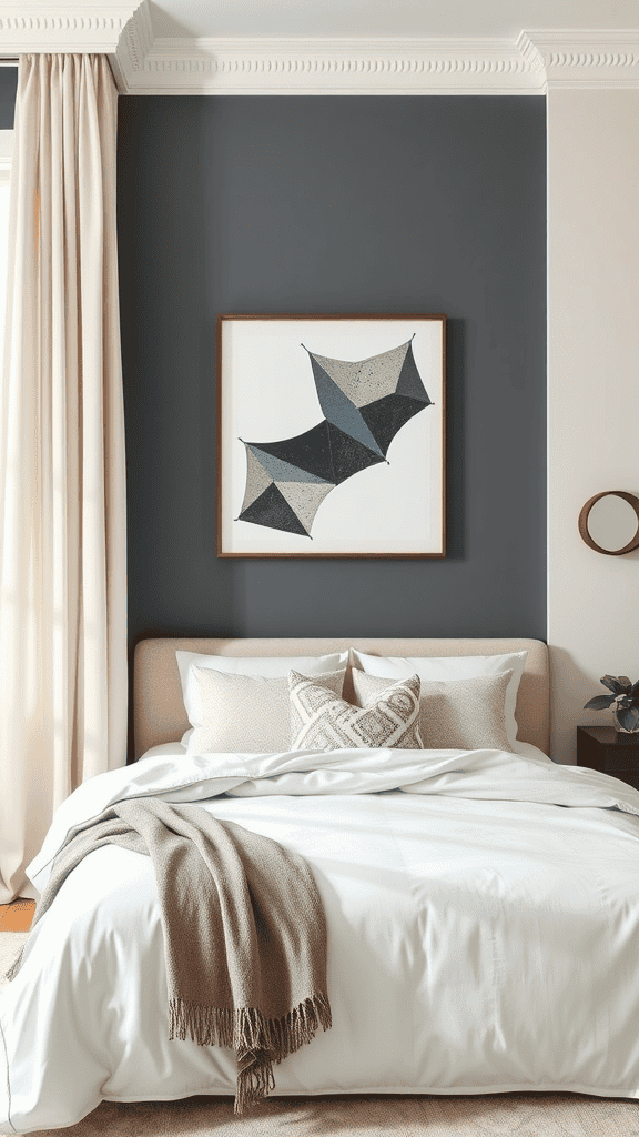 A cozy bedroom featuring geometric artwork, a neutral color palette, and soft bedding.